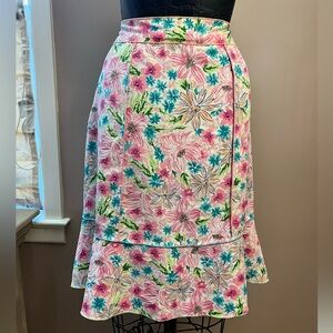 Y2K Colorful Floral Ruffle Midi Pencil Skirt Size Petite 10 Lilly Pulitzer esk